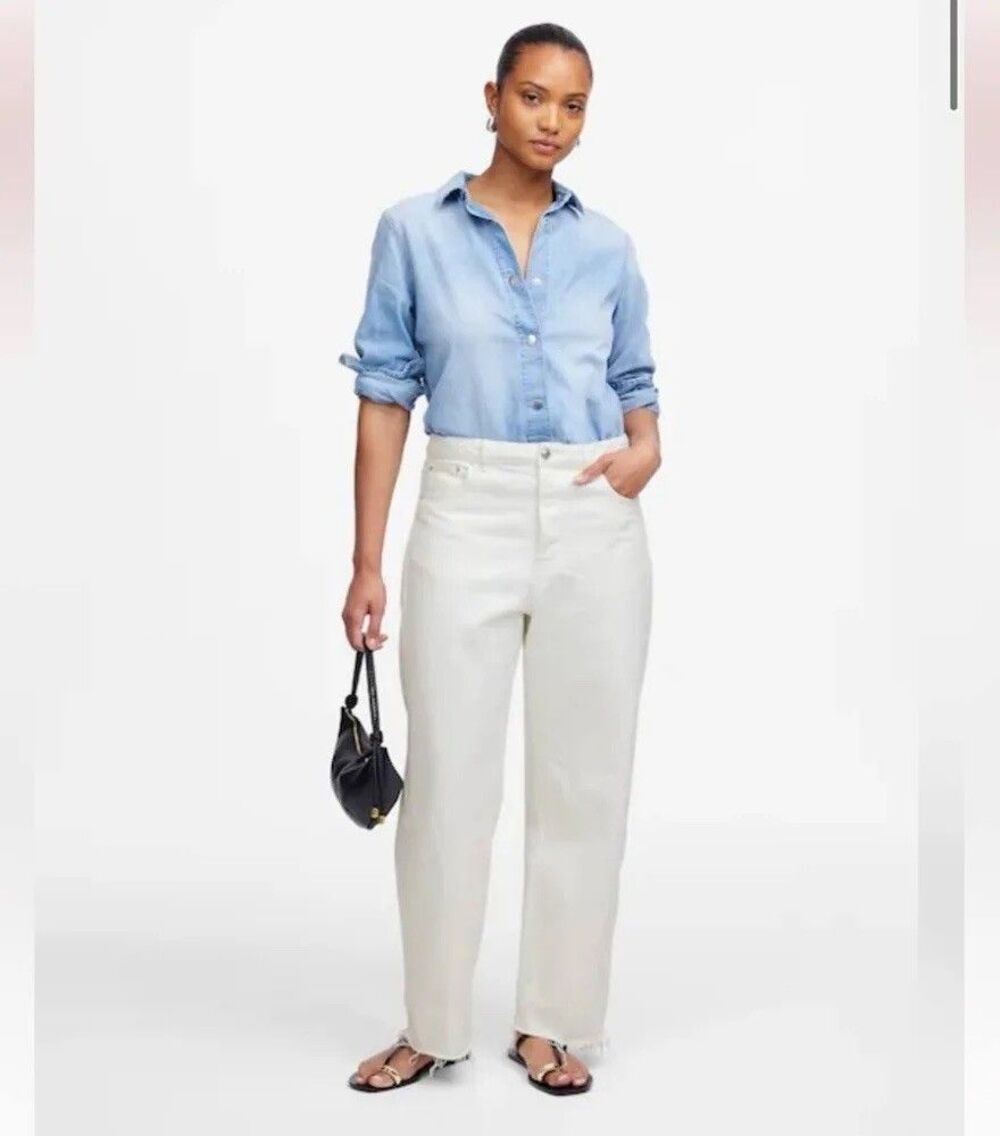 Madewell Curvy Pieced Barrel Leg Jeans White High Rise Raw Hem Relaxed Fit 30